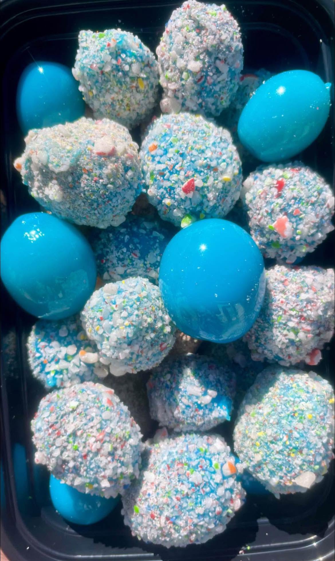 Blue candied grapes and sprinkle-coated fruit tray